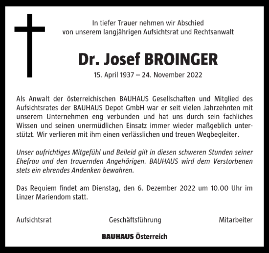 Traueranzeige von Josef Broinger von OÖNachrichten