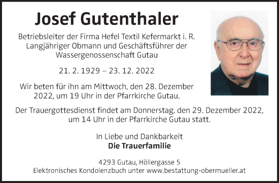 Traueranzeige von Josef Gutenthaler von OÖNachrichten