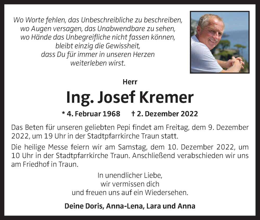  Traueranzeige für Josef Kremer vom 06.12.2022 aus OÖNachrichten