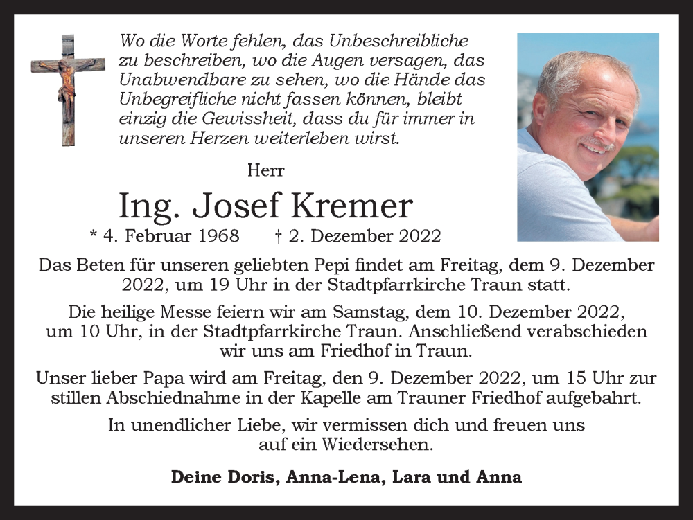  Traueranzeige für Josef Kremer vom 07.12.2022 aus OÖNachrichten