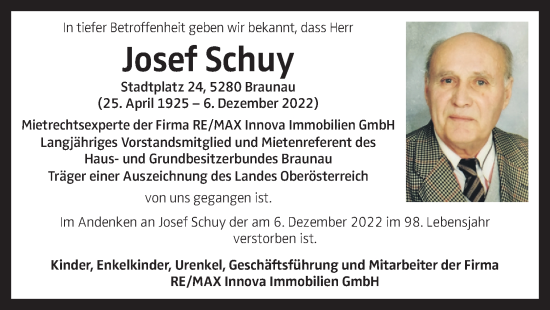Traueranzeige von Josef Schuy von OÖNachrichten