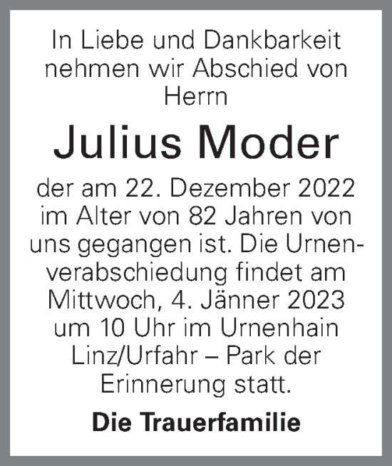 Traueranzeige von Julius Moder von OÖNachrichten