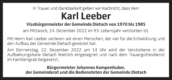 Traueranzeige von Karl Leeber von OÖNachrichten