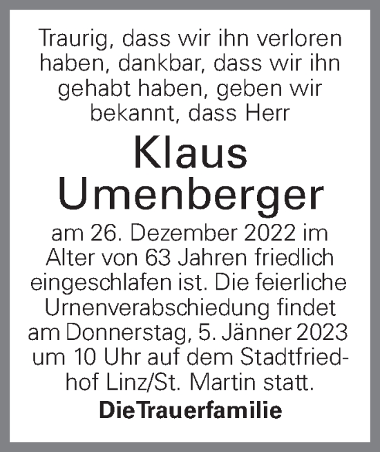 Traueranzeige von Klaus Umenberger von OÖNachrichten