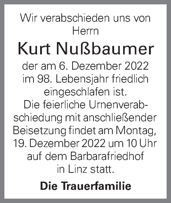 Traueranzeige von Kurt Nußbaumer von OÖNachrichten