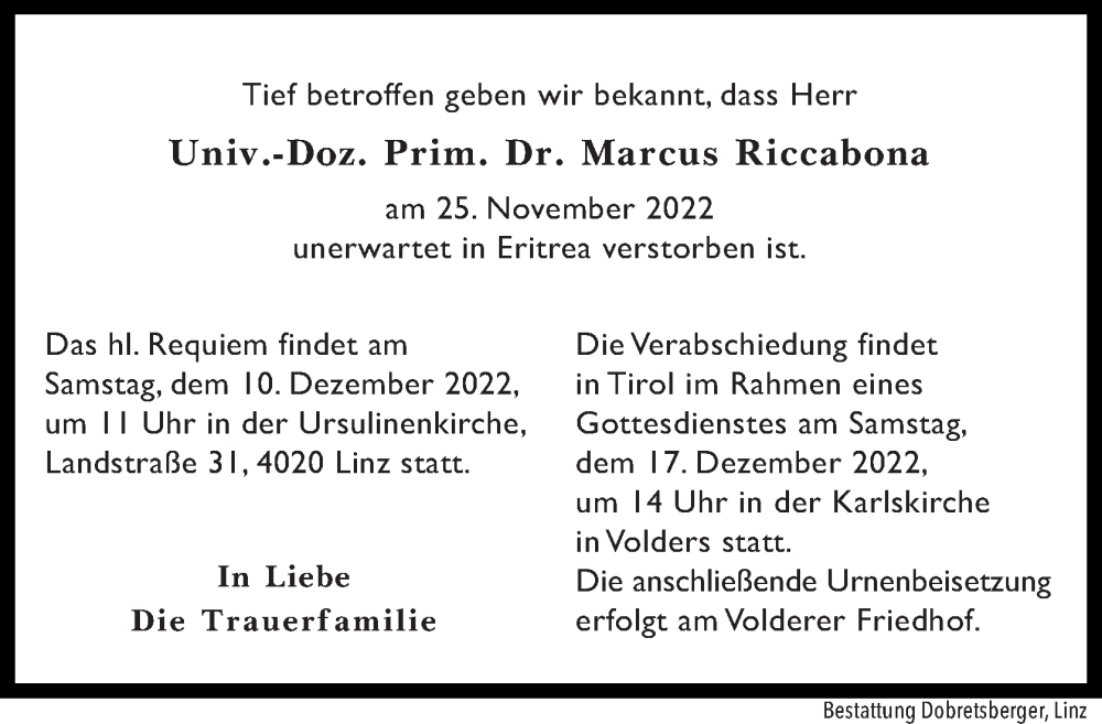  Traueranzeige für Marcus Riccabona vom 03.12.2022 aus OÖNachrichten