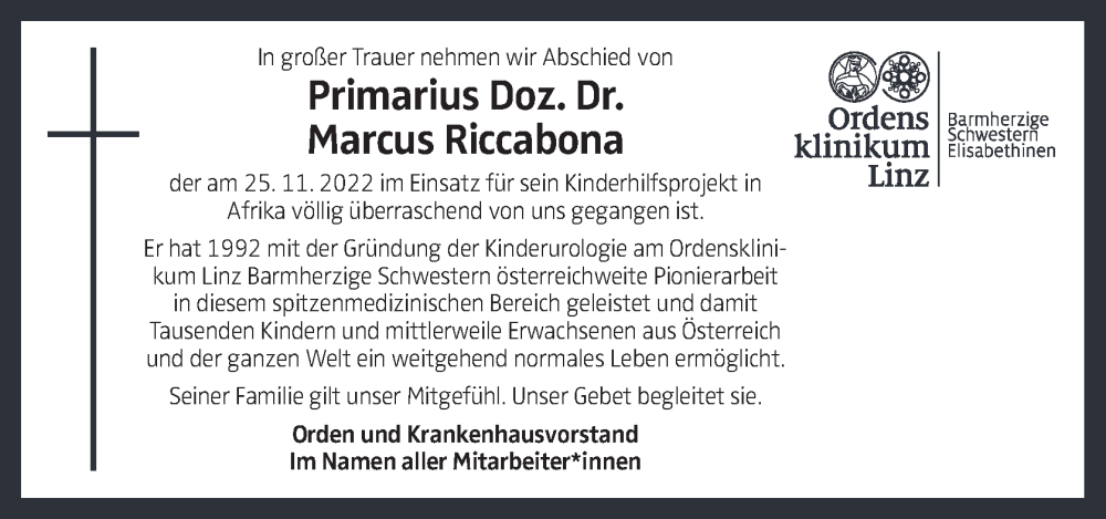  Traueranzeige für Marcus Riccabona vom 30.11.2022 aus OÖNachrichten