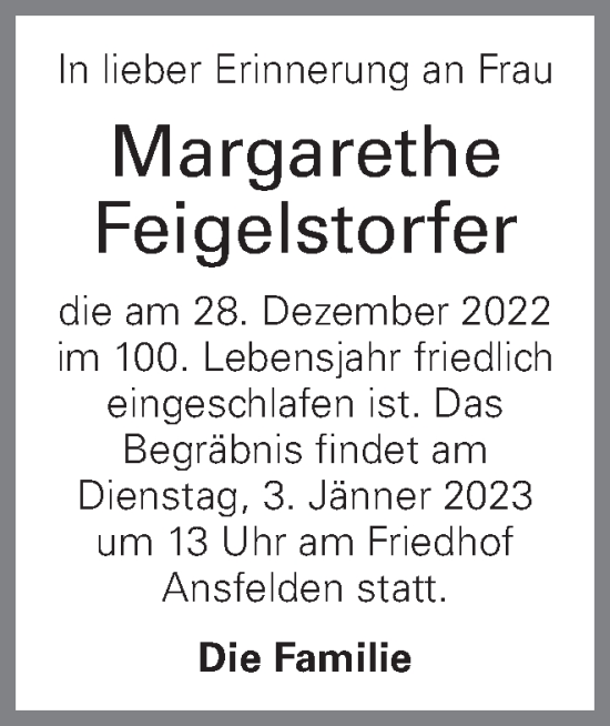 Traueranzeige von Margarethe Feigelstorfer von OÖNachrichten