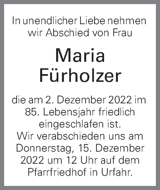 Traueranzeige von Maria Fürholzer von OÖNachrichten