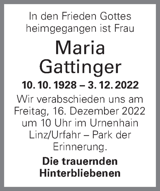 Traueranzeige von Maria Gattinger von OÖNachrichten