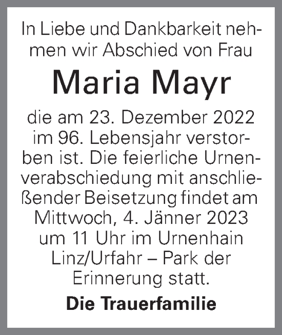 Traueranzeige von Maria Mayr von OÖNachrichten