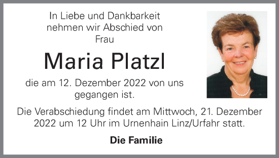Traueranzeige von Maria Platzl von OÖNachrichten