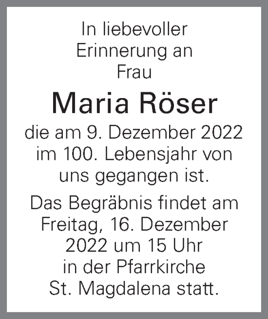 Traueranzeige von Maria Röser von OÖNachrichten