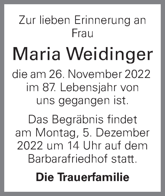 Traueranzeige von Maria Weidinger von OÖNachrichten