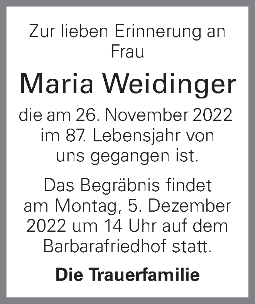  Traueranzeige für Maria Weidinger vom 30.11.2022 aus OÖNachrichten