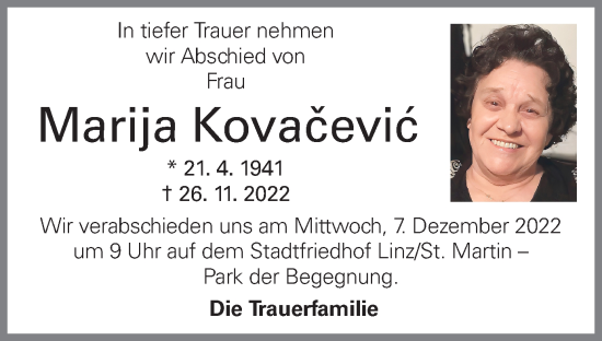 Traueranzeige von Marija Kovacevic von OÖNachrichten
