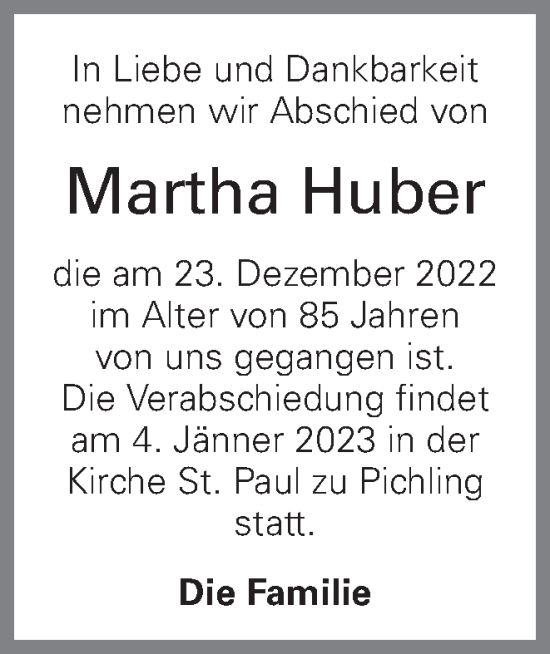 Traueranzeige von Martha Huber von OÖNachrichten
