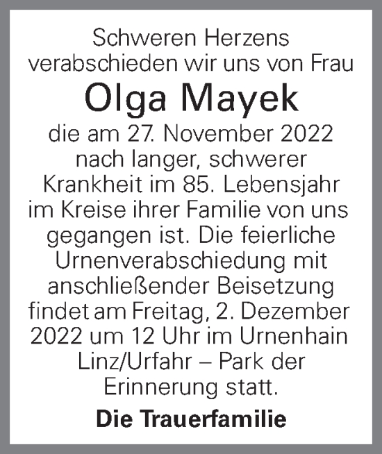 Traueranzeige von Olga Mayek von OÖNachrichten