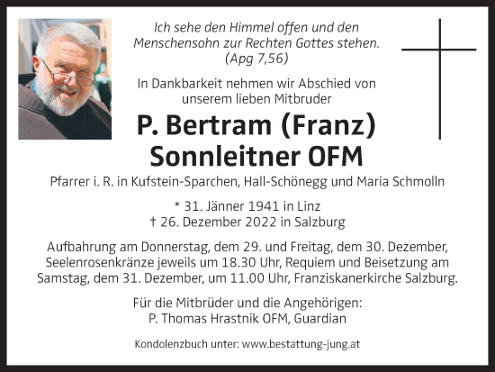 Traueranzeige von P. Bertram Sonnleitner von OÖNachrichten