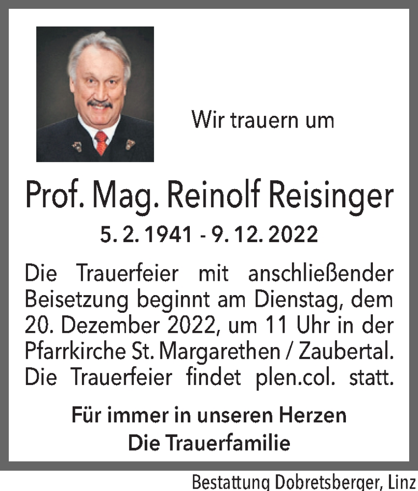  Traueranzeige für Reinolf Reisinger vom 17.12.2022 aus OÖNachrichten