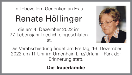 Traueranzeige von Renate Höllinger von OÖNachrichten