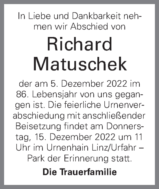 Traueranzeige von Richard Matuschek von OÖNachrichten
