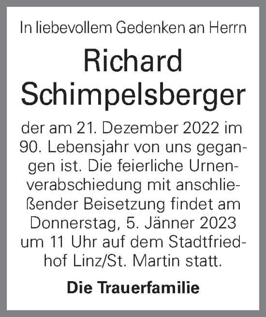 Traueranzeige von Richard Schimpelsberger von OÖNachrichten
