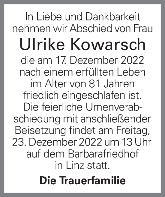 Traueranzeige von Ulrike Kowarsch von OÖNachrichten