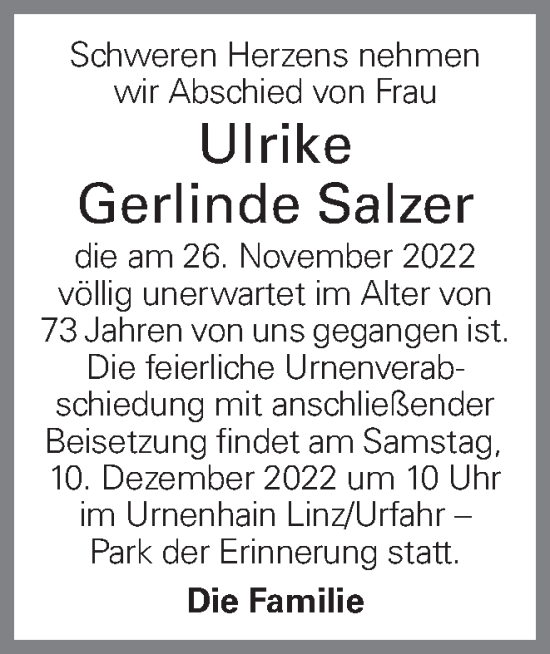Traueranzeige von Ulrike Gerlinde Salzer von OÖNachrichten