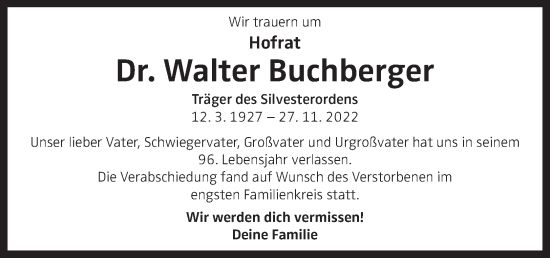 Traueranzeige von Walter Buchberger von OÖNachrichten