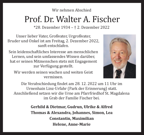 Traueranzeige von Walter A. Fischer von OÖNachrichten