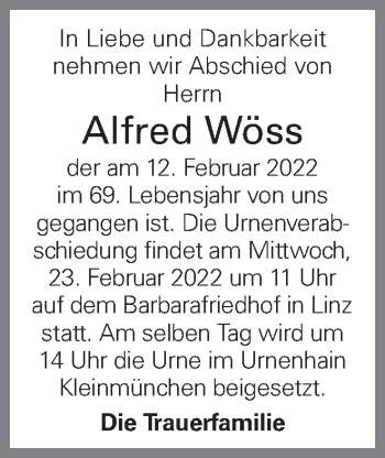 Traueranzeige von Alfred Wöss von OÖNachrichten