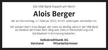 Traueranzeige von Alois Berger von OÖNachrichten