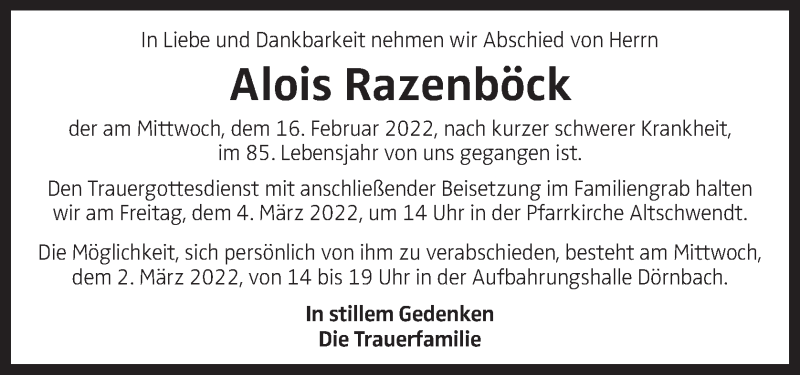  Traueranzeige für Alois Razenböck vom 26.02.2022 aus OÖNachrichten