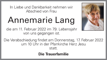 Traueranzeige von Annemarie Lang von OÖNachrichten