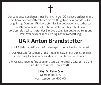 Traueranzeige von Anton Brandstetter von OÖNachrichten