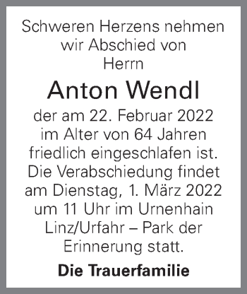 Traueranzeige von Anton Wendl von OÖNachrichten