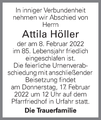 Traueranzeige von Attila Höller von OÖNachrichten