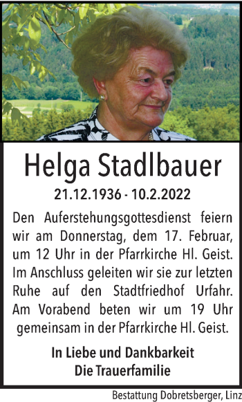 Traueranzeige von BestattungenHelga Stadlbauer von OÖNachrichten