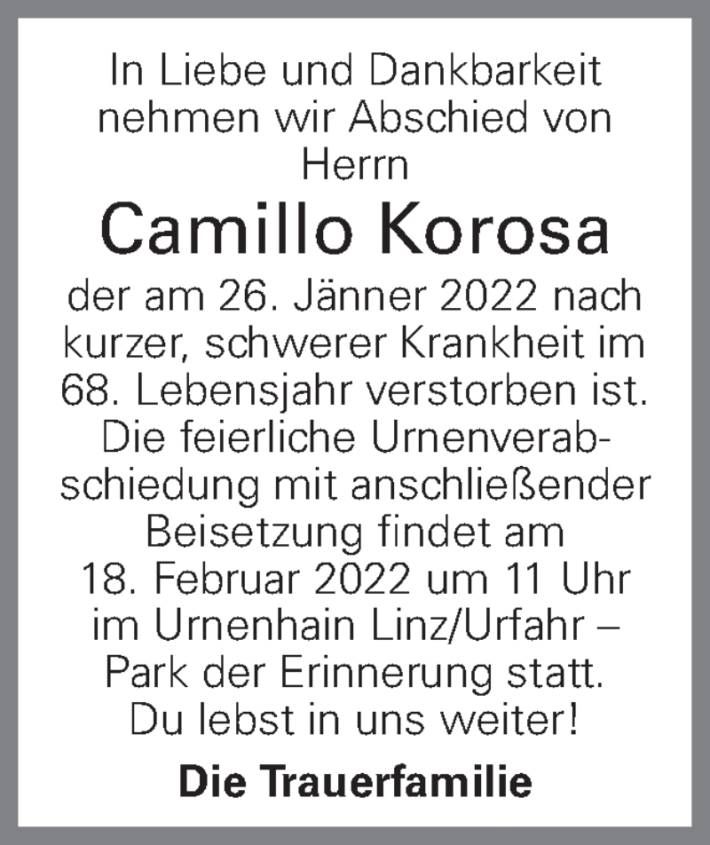  Traueranzeige für Camillo Korosa vom 11.02.2022 aus OÖNachrichten