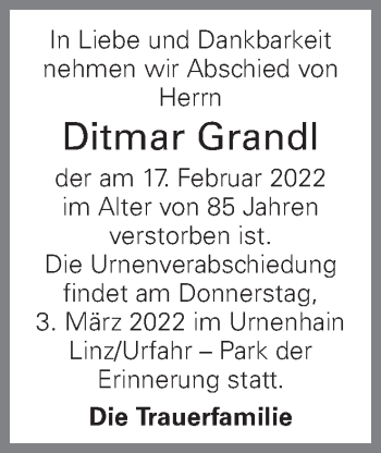 Traueranzeige von Ditmar Grandl von OÖNachrichten