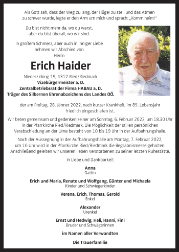 Traueranzeige von Erich Haider von OÖNachrichten
