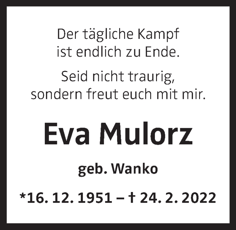  Traueranzeige für Eva Mulorz vom 01.03.2022 aus OÖNachrichten