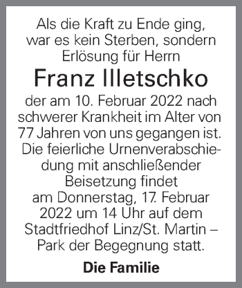 Traueranzeige von Franz Illetschko von OÖNachrichten