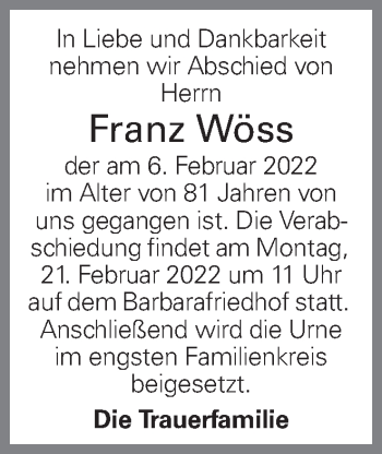 Traueranzeige von Franz Wöss von OÖNachrichten