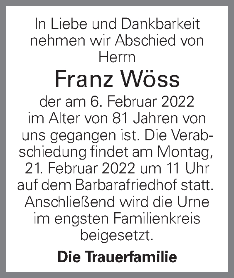  Traueranzeige für Franz Wöss vom 16.02.2022 aus OÖNachrichten