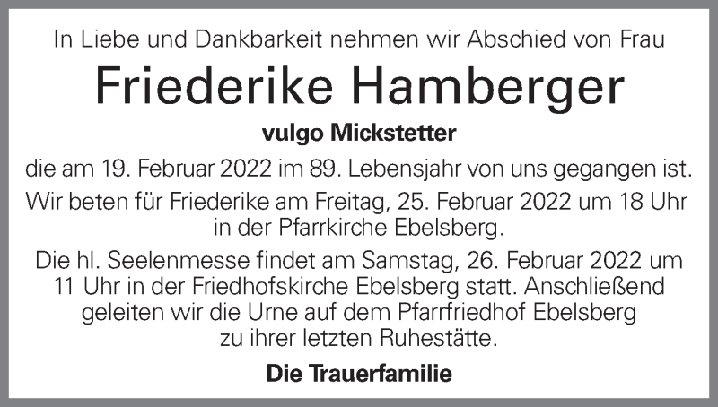  Traueranzeige für Friederike Hamberger vom 24.02.2022 aus OÖNachrichten
