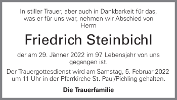 Traueranzeige von Friedrich Steinbichl von OÖNachrichten