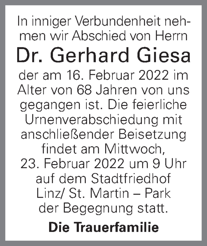  Traueranzeige für Gerhard Giesa vom 21.02.2022 aus OÖNachrichten