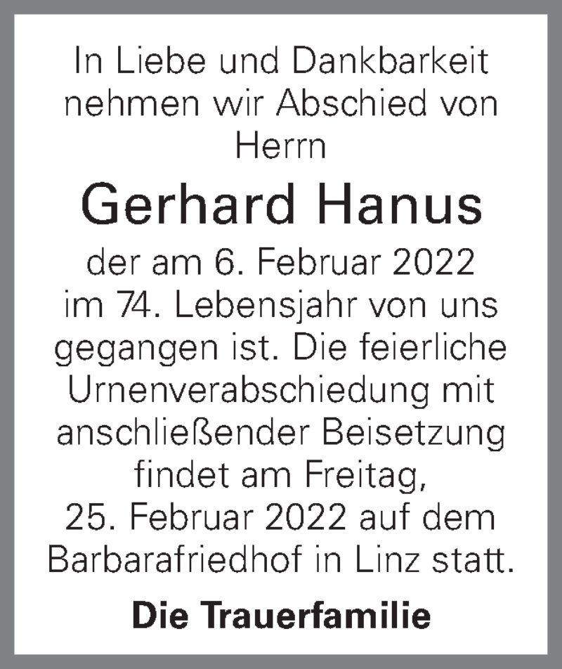  Traueranzeige für Gerhard Hanus vom 18.02.2022 aus OÖNachrichten